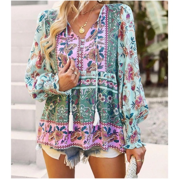 Tops - 01 Boho Floral Print Cottagecore Blouse